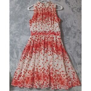 Fervour Womens Slip Dress S Floral Red Orange Flowy Sleeveless Band Collar Retro